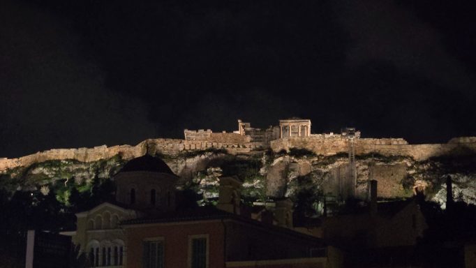 The Acropolis on top of a hill overlooking Athens